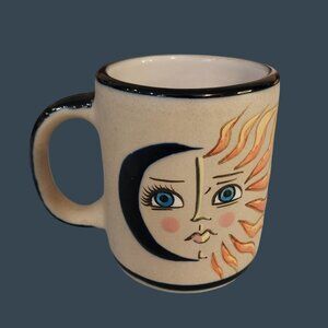 Mexican Sun Moon Folk Art Pottery Coffee Tea Mug Cup Hand Painted